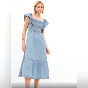 Smocked Flutter Sleeve Denim Midi small tall